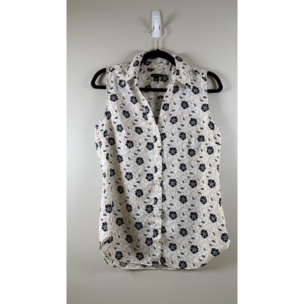 Ann Taylor White/Black/Beige Floral Collared Sleeveless Button Blouse - S